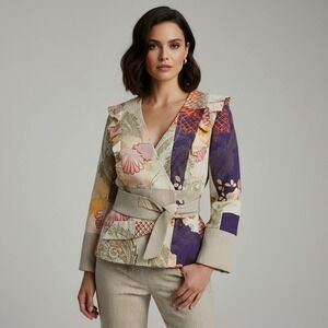 Anthropologie Floral Print Wrap Blazer Ruffle Trim‎ Tie Waist Boho Size 2